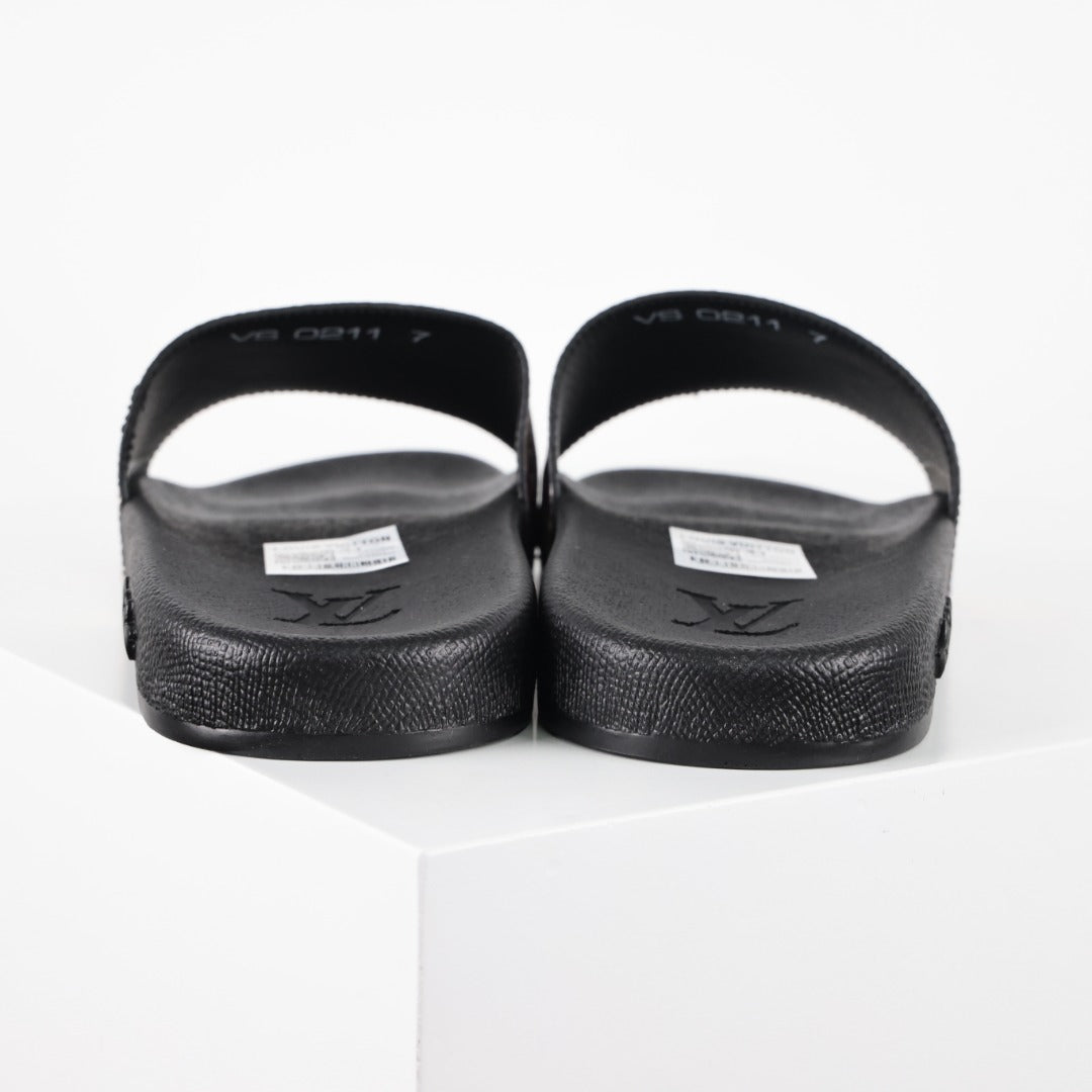 L***V White Multicolor Circular Badge Travel Sticker Print Waterfront Wide Strap Slide Sandals — Spring Summer Boutique Limited Edition
