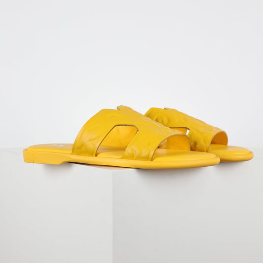 L***V Lemon Yellow Smooth Leather H-Strap Multi-Band Oasis Flat Slide Sandals — Spring Summer Boutique Limited Edition
