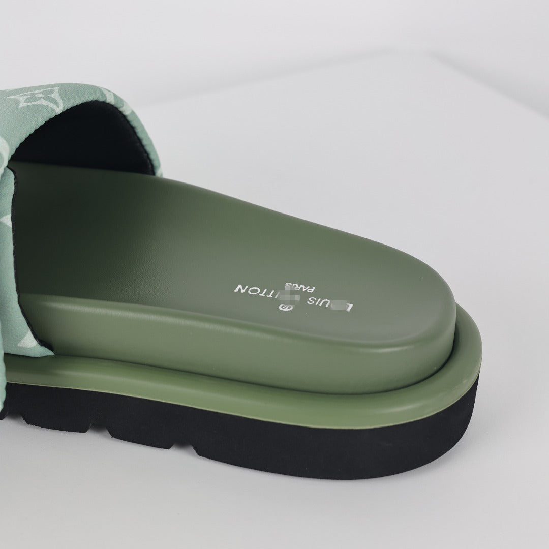 L***V Sage Green Tonal Monogram Canvas Wide Strap Platform Slide Sandals — 2024 Spring Summer Boutique Limited Edition