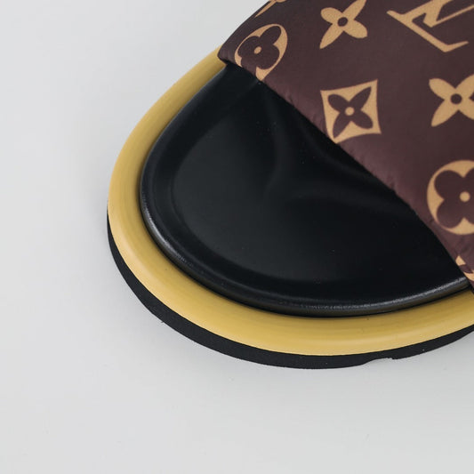 L***V Brown Classic Monogram Canvas Gold Safety Pin Platform Slide Sandals — 2024 Spring Summer Boutique Limited Edition