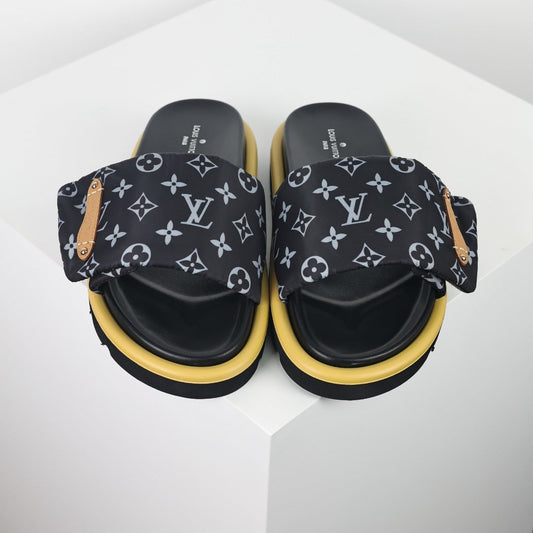 L***V All-Black Monogram Canvas Gold Bar Platform Slide Sandals — 2024 Spring Summer Boutique Limited Edition