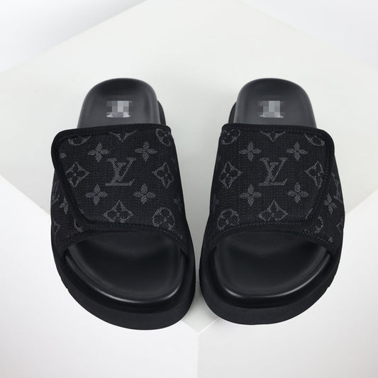 L***V All-Black Tonal Monogram Jacquard Twisted Bow Ruched Strap Miami Slide Sandals — Spring Summer Boutique Limited Edition