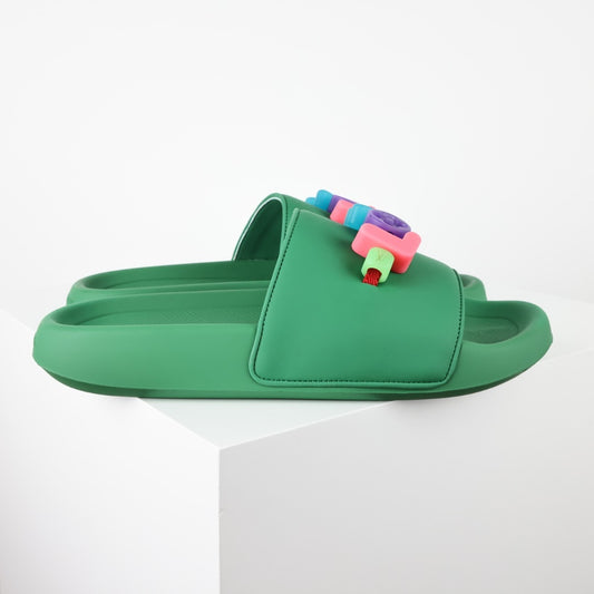 L***V Rubber Pool Slide Sandals — SS23 Limited Edition 3D Logo Charm Slip-On Beach Slippers (Emerald Green)