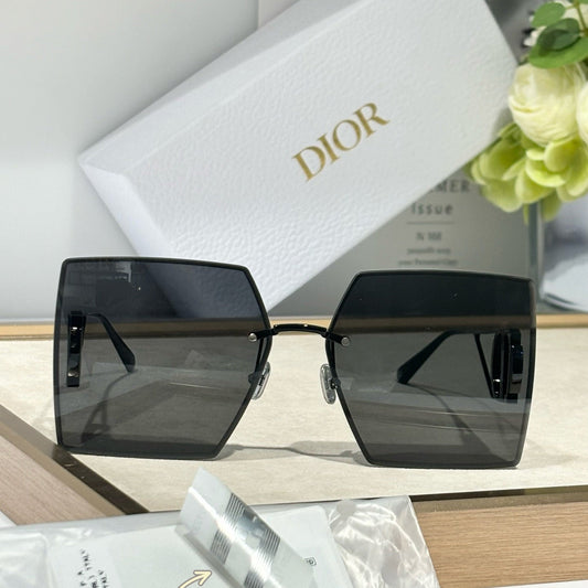 D**R Geometric Oversized Sunglasses | Rimless Bevelled Square Frame, Gradient Grey Lenses, Black Acetate Temples | Multiple Colors