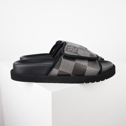 L***V Damier Graphite Black White Grey Woven Jacquard Velcro Adjustable Wide Strap Miami Slide Sandals — Spring Summer Boutique Limited Edition