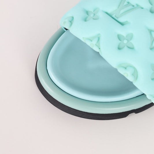 L***V Mint Green Tonal Monogram Puffy Quilted Wide Strap Platform Slide Sandals — 2024 Spring Summer Boutique Limited Edition