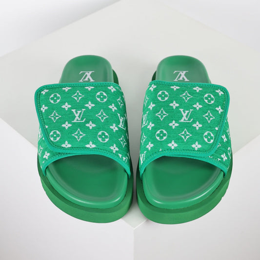 L***V Grass Green Monogram Jacquard Twisted Bow Ruched Strap Miami Slide Sandals — Spring Summer Boutique Limited Edition