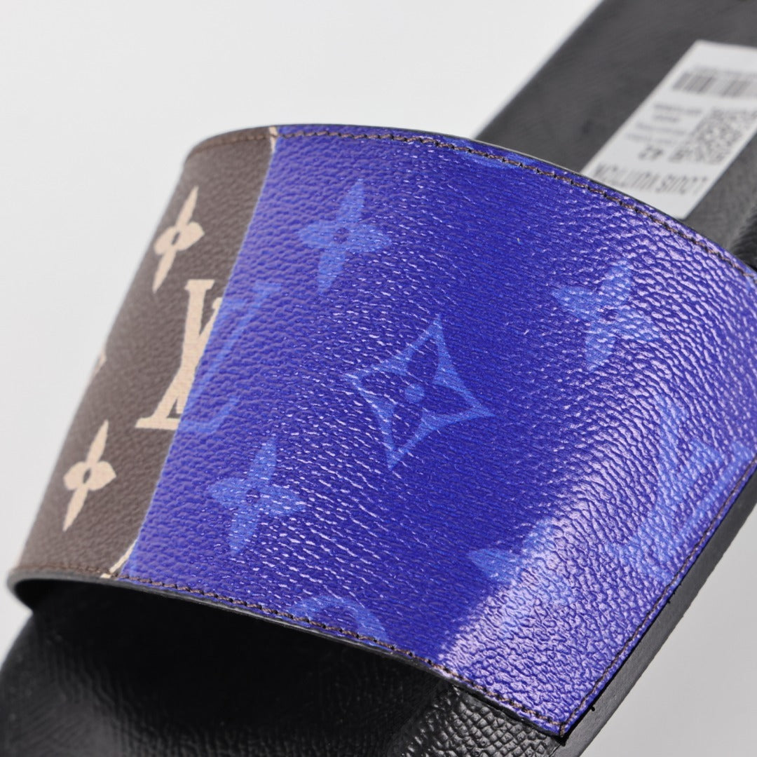 L***V Brown Monogram Cobalt Blue Split Colorblock Waterfront Wide Strap Slide Sandals — Spring Summer Boutique Limited Edition