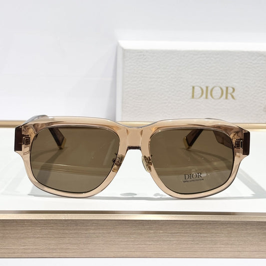 D**R Bold Square Acetate Sunglasses | Transparent Champagne-Brown Frame, Gold CD Metal Inlay, Three-Rivet Temple, Flat Brown Lenses