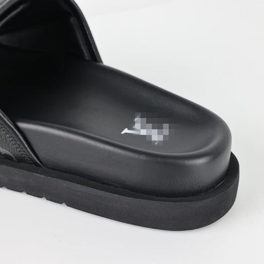 L***V Monogram Eclipse All-Black Velcro Adjustable Wide Strap Miami Slide Sandals — Spring Summer Boutique Limited Edition