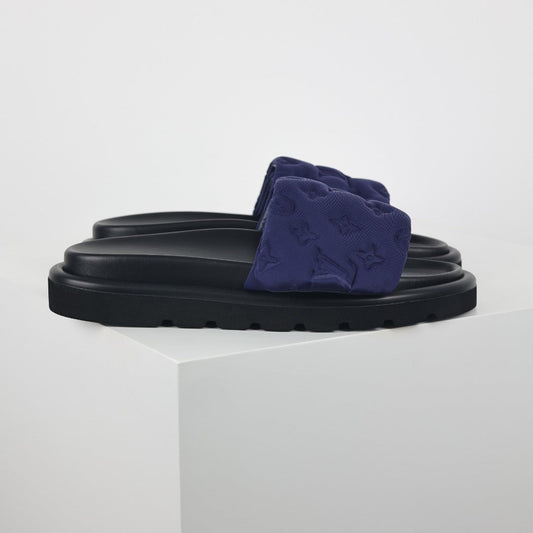 L***V Navy Blue Tonal Monogram Puffy Quilted Wide Strap Platform Slide Sandals — 2024 Spring Summer Boutique Limited Edition