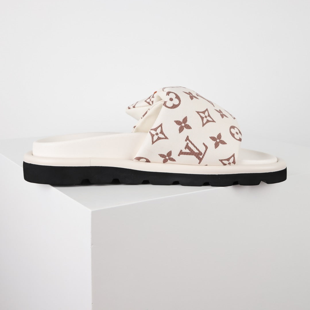L***V Monogram Velcro Strap Slide Sandals — Adjustable Single Strap Pool Beach Slippers (8 Colors)