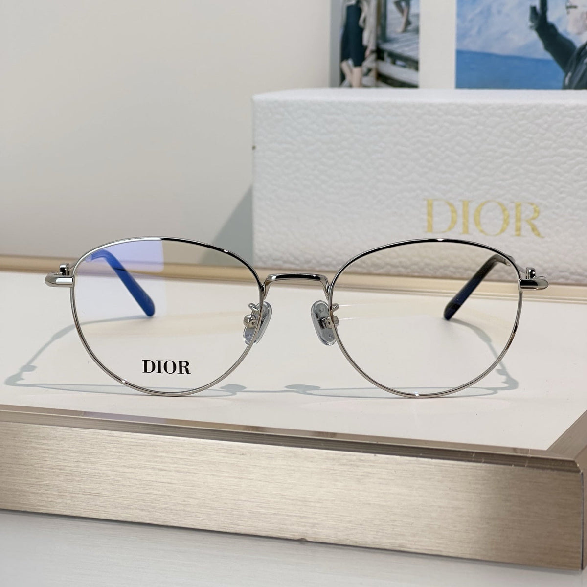 D**R Round Optical Glasses with Slim Rose Gold Metal Wire Frame, Clear Blue Light Lenses & 3D CD Logo Hardware