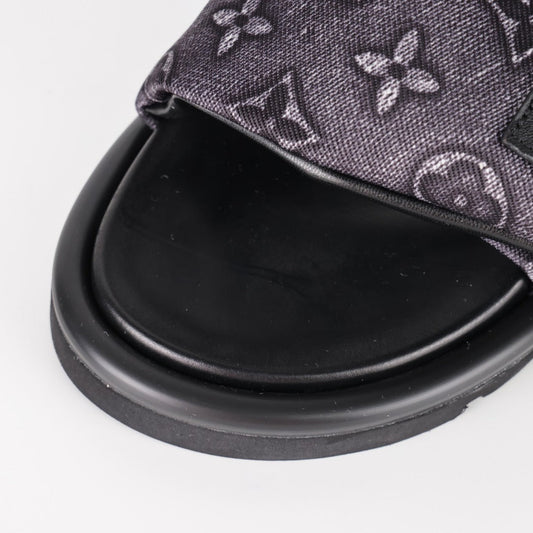 L***V Dark Grey Monogram Nylon Pool Pillow Comfort Wide Strap Slide Sandals — Spring Summer Boutique Limited Edition