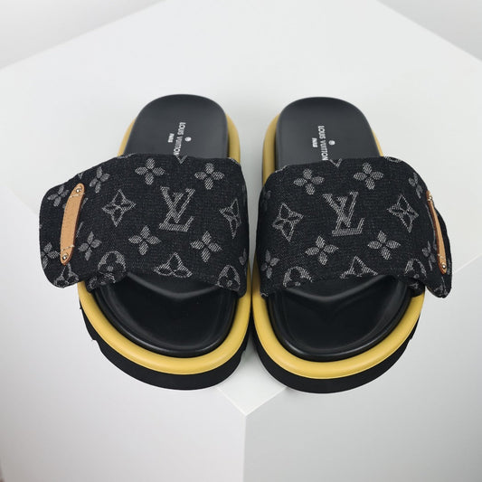 L***V Black Monogram Canvas Gold Safety Pin Platform Slide Sandals — 2024 Spring Summer Boutique Limited Edition