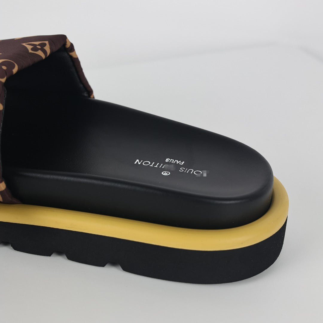 L***V Dark Brown Giant Monogram Canvas Wide Strap Platform Slide Sandals — 2024 Spring Summer Boutique Limited Edition