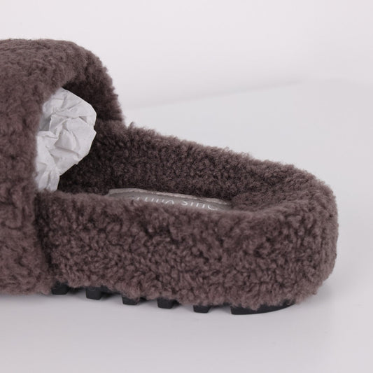 L***V Dark Chocolate Brown Tonal Monogram Shearling Lambswool Double Strap Slide Sandals — Autumn Winter Boutique Limited Edition