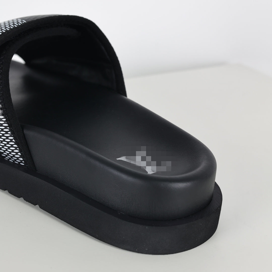 L***V Damier Graphite Black White Grey Woven Jacquard Pillow Slip-On Wide Strap Miami Slide Sandals — Spring Summer Boutique Limited Edition