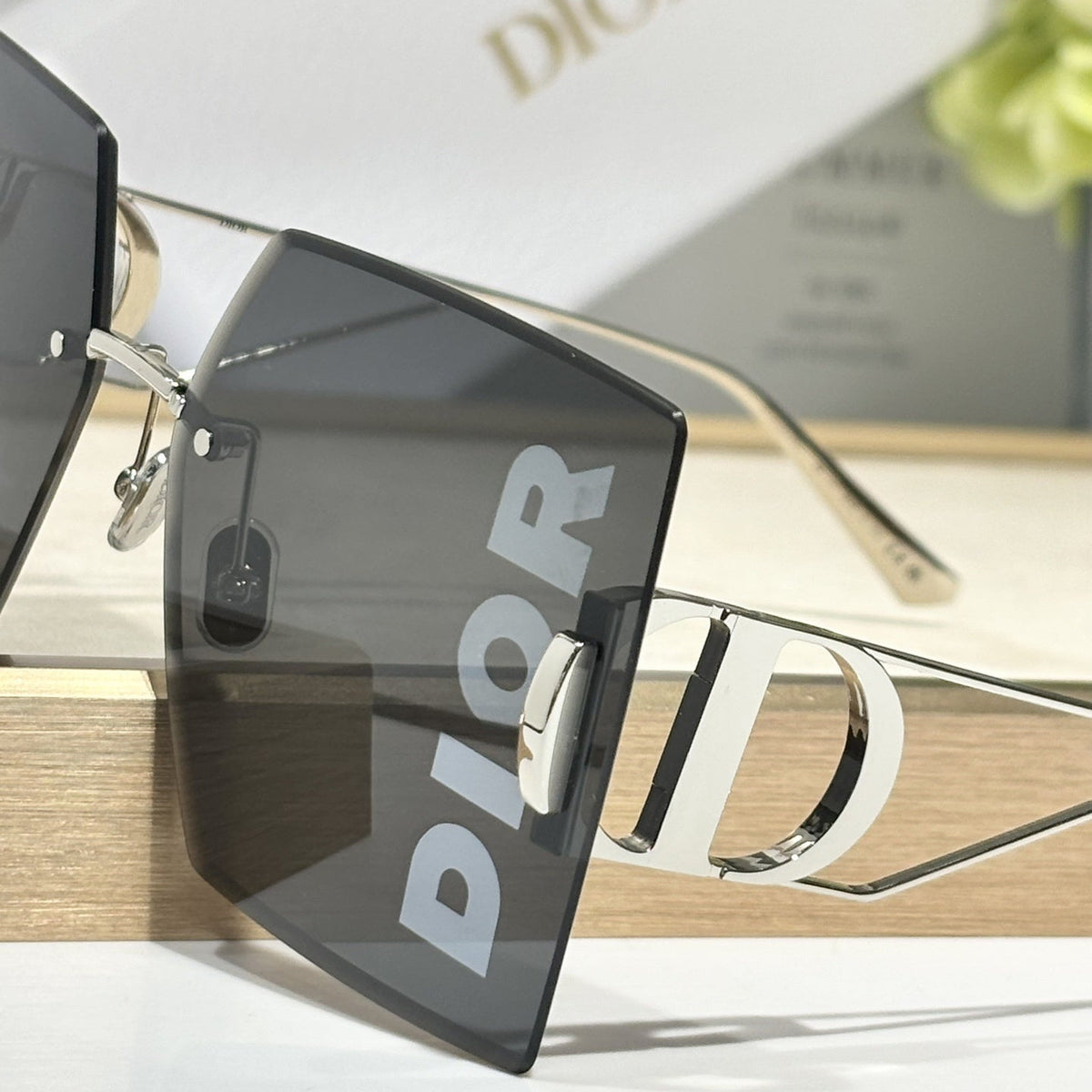 D**R Geometric Oversized Sunglasses | Rimless Bevelled Square Frame, DIOR Letter Print Lens, Silver Metal | Multiple Colors