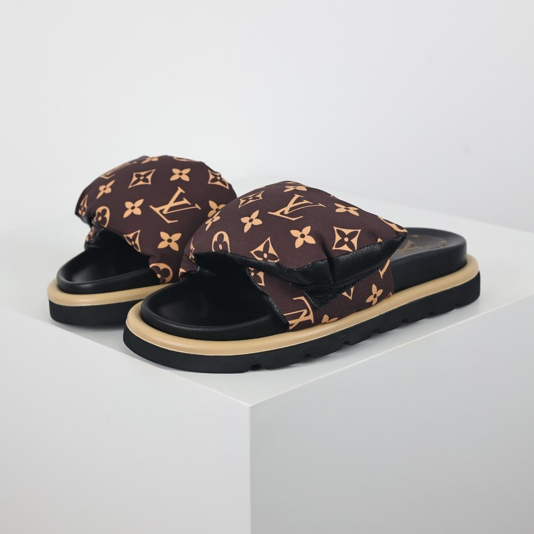 L***V Brown Monogram Canvas Puffy Quilted Wide Strap Platform Slide Sandals — 2024 Spring Summer Boutique Limited Edition