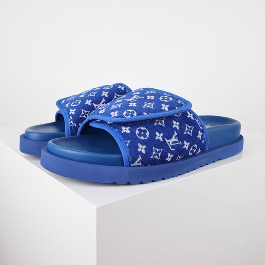 L***V Royal Blue Monogram Jacquard Velcro Adjustable Wide Strap Miami Slide Sandals — Spring Summer Boutique Limited Edition