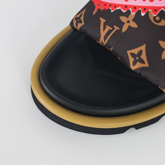 L***V Brown Monogram Graffiti Circle Print Wide Strap Platform Slide Sandals — Spring Summer Boutique Limited Edition