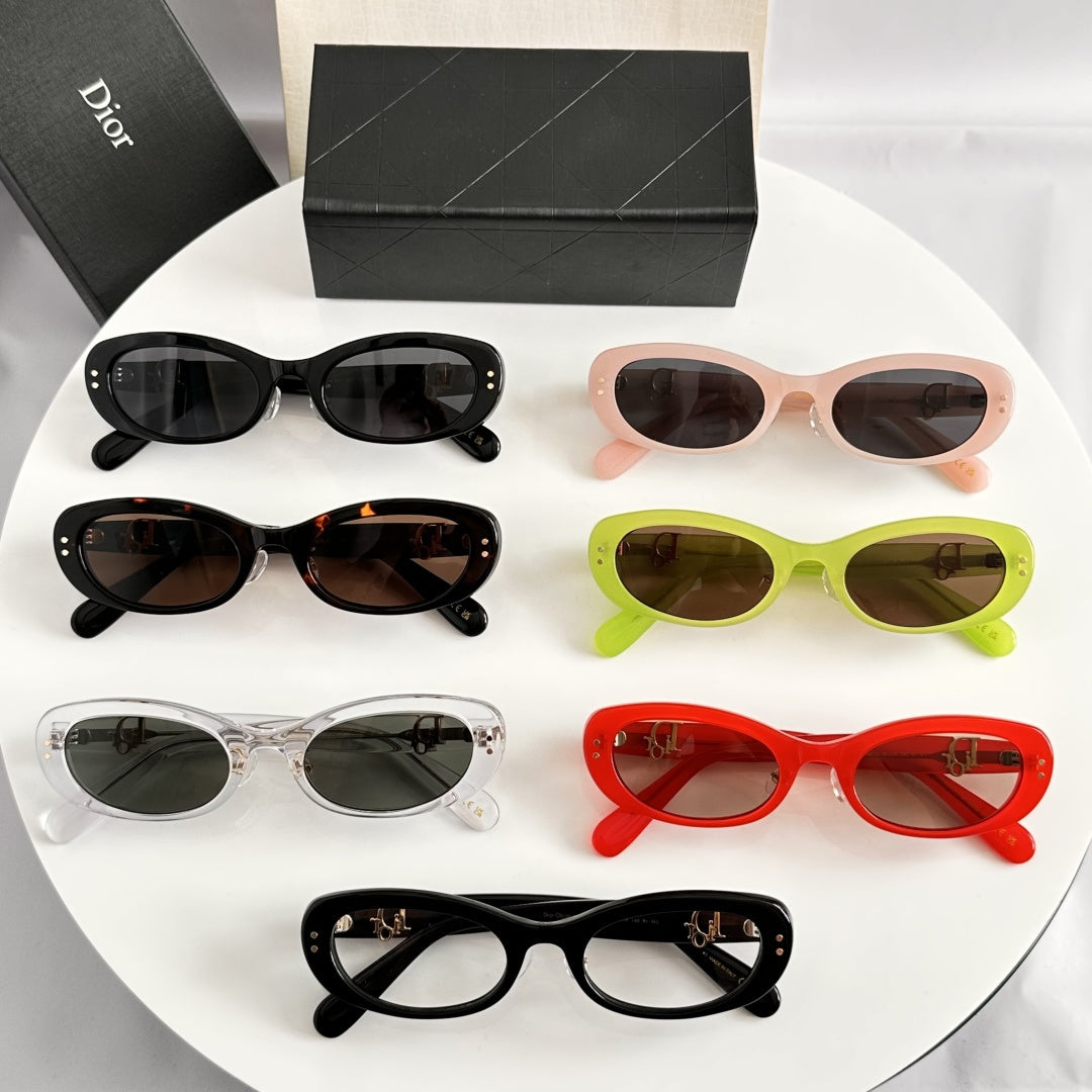 D**R Slim Narrow Oval Sunglasses with Glossy Black Acetate Frame, Dark Grey Lenses & Gold CD Hinge Hardware
