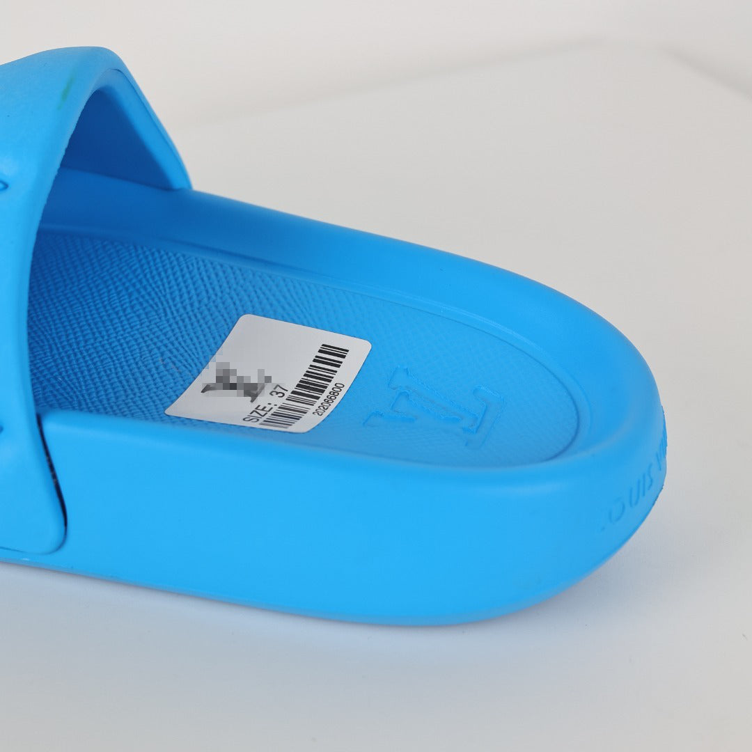 L***V Electric Blue Tonal Monogram Embossed EVA Waterfront Wide Strap Slide Sandals — Spring Summer Boutique Limited Edition