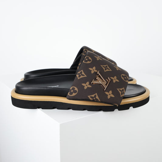 L***V Monogram Canvas LV Logo Slide Sandals — SS24 Gold Hardware Wide Band Slip-On Pool Beach Slippers (4 Colors)