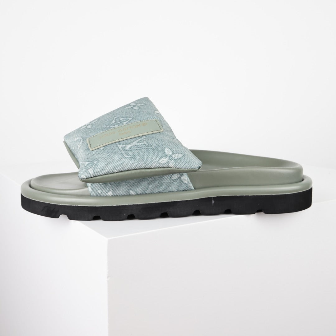 L***V Ice Blue Metallic Embossed Monogram Leather Wide Strap Platform Slide Sandals — Spring Summer Boutique Limited Edition