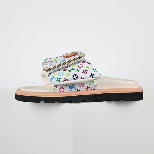 L***V White Multicolor Monogram Gold Zipper Bow Wide Strap Pool Pillow Slide Sandals — Spring Summer Boutique Limited Edition
