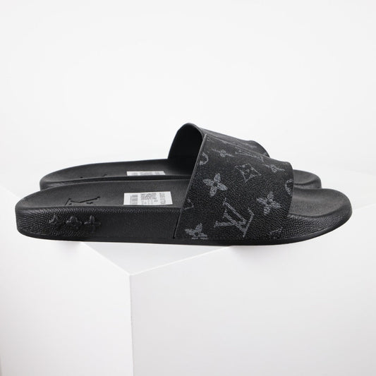 L***V Monogram Eclipse All-Black Waterfront Wide Strap Slide Sandals — Spring Summer Boutique Limited Edition