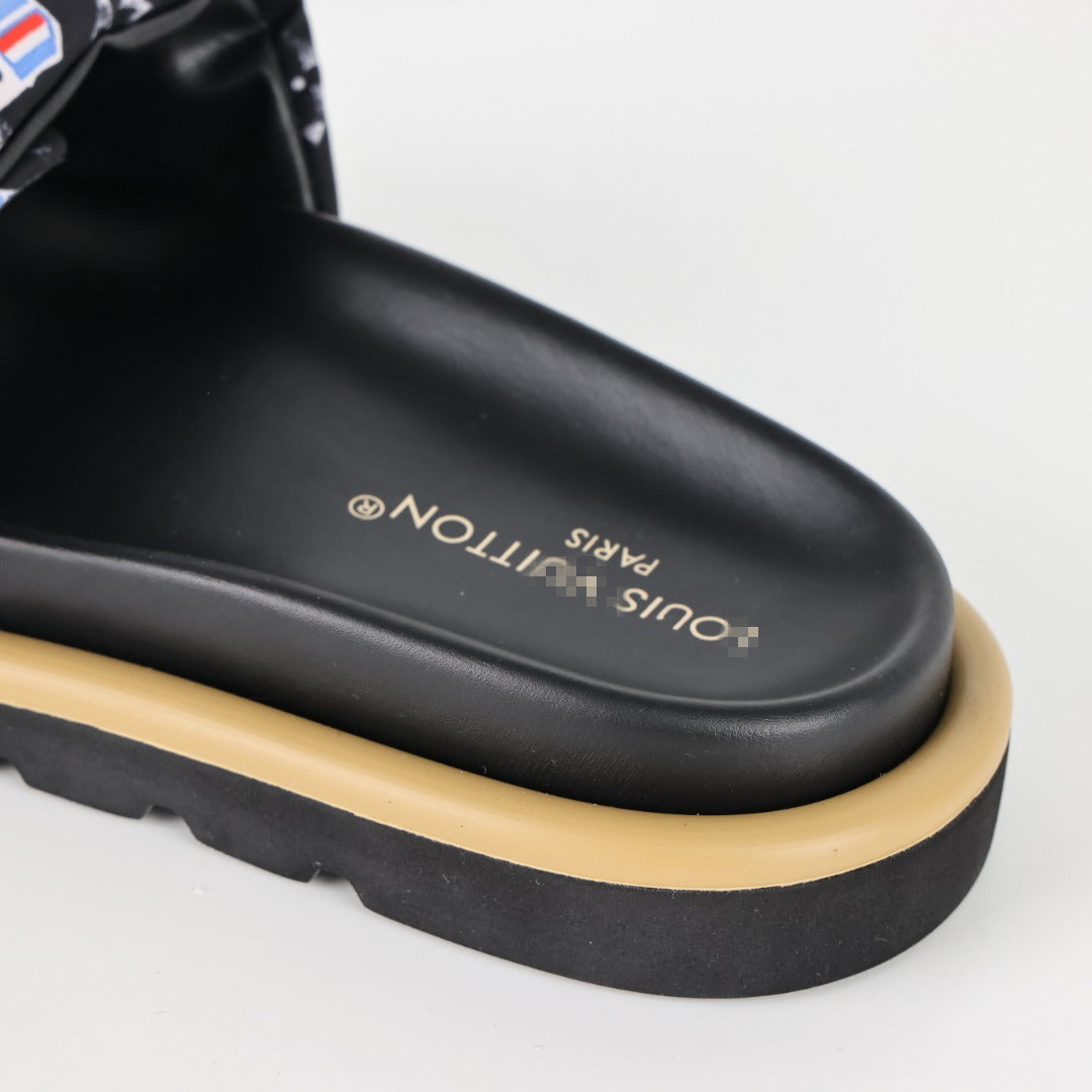 L***V Monogram Eclipse Black Multicolor Badge Patch Wide Strap Slide Sandals — Spring Summer Boutique Limited Edition