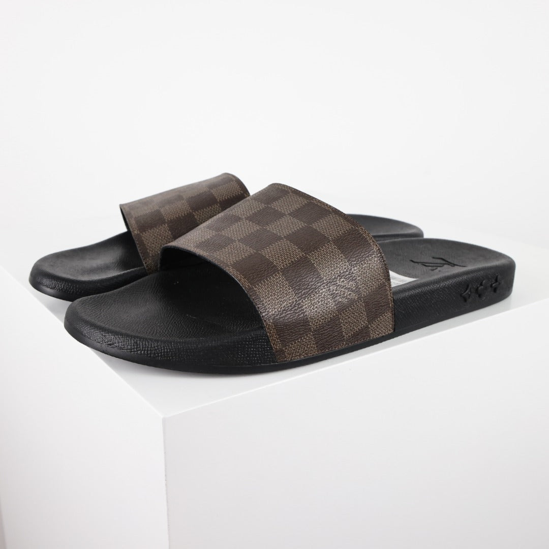 L***V Damier Ebene Waterfront Wide Strap Slide Sandals — Spring Summer Boutique Limited Edition