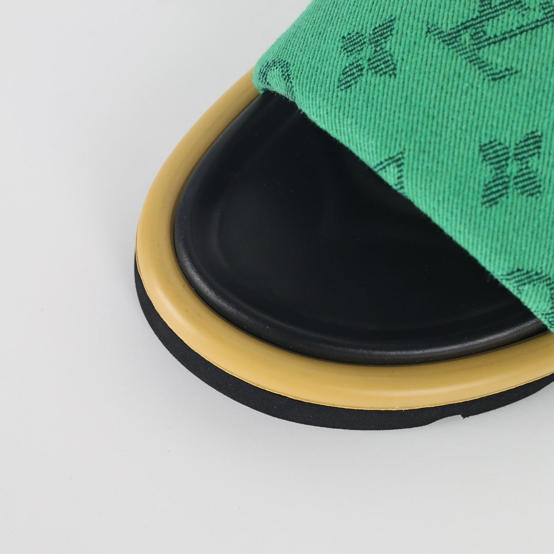 L***V Emerald Green Monogram Canvas Gold Bar Platform Slide Sandals — 2024 Spring Summer Boutique Limited Edition