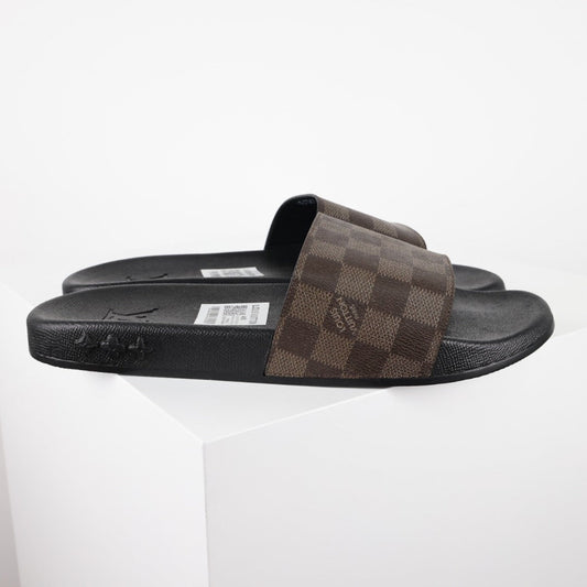 L***V Damier Ebene Waterfront Wide Strap Slide Sandals — Spring Summer Boutique Limited Edition