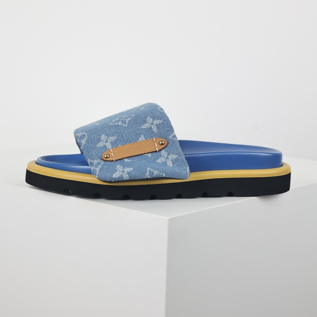 L***V Sky Blue Denim Monogram Gold Safety Pin Platform Slide Sandals — 2024 Spring Summer Boutique Limited Edition