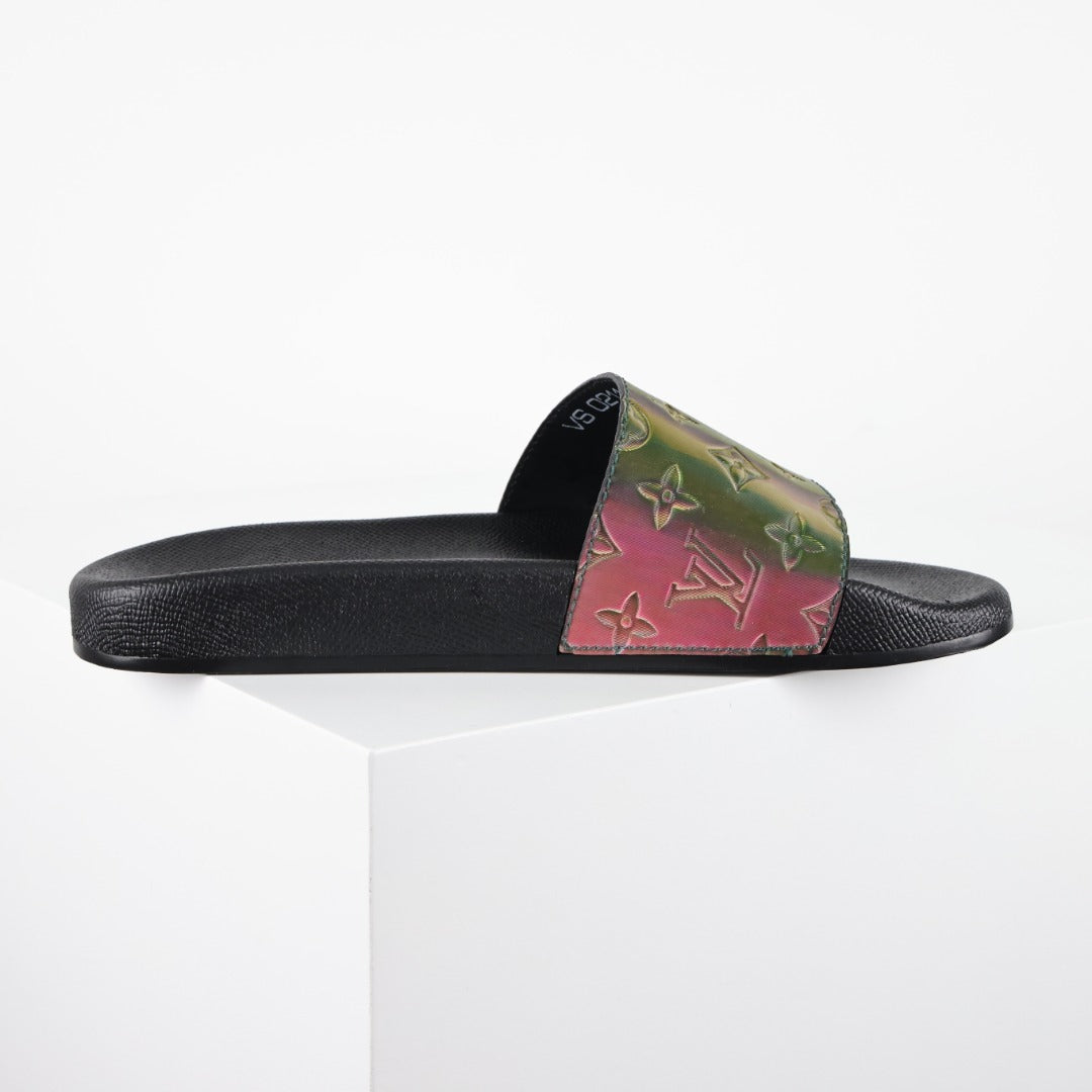 L***V Black Rainbow Iridescent Holographic Monogram Waterfront Wide Strap Slide Sandals — Spring Summer Boutique Limited Edition