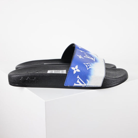 L***V White Cobalt Blue Ombre Tie-Dye Oversized Monogram Waterfront Wide Strap Slide Sandals — Spring Summer Boutique Limited Edition
