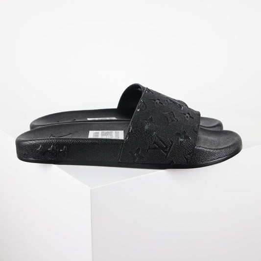 L***V All-Black Rubber Tonal Oversized Monogram Embossed Waterfront Wide Strap Slide Sandals — Spring Summer Boutique Limited Edition