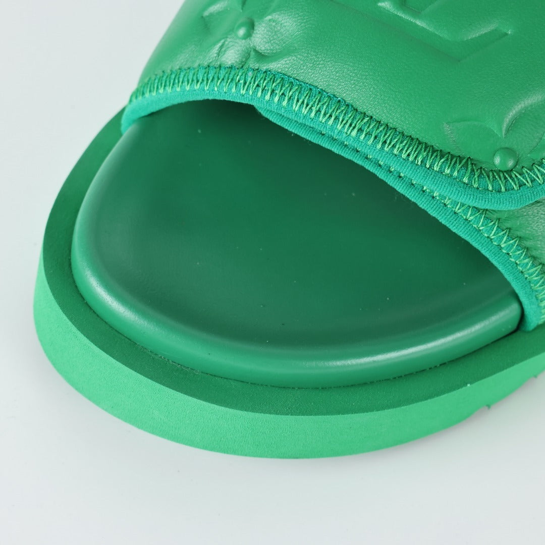 L***V Grass Green Inflated Pillow Leather Velcro Adjustable Wide Strap Miami Slide Sandals — Spring Summer Boutique Limited Edition