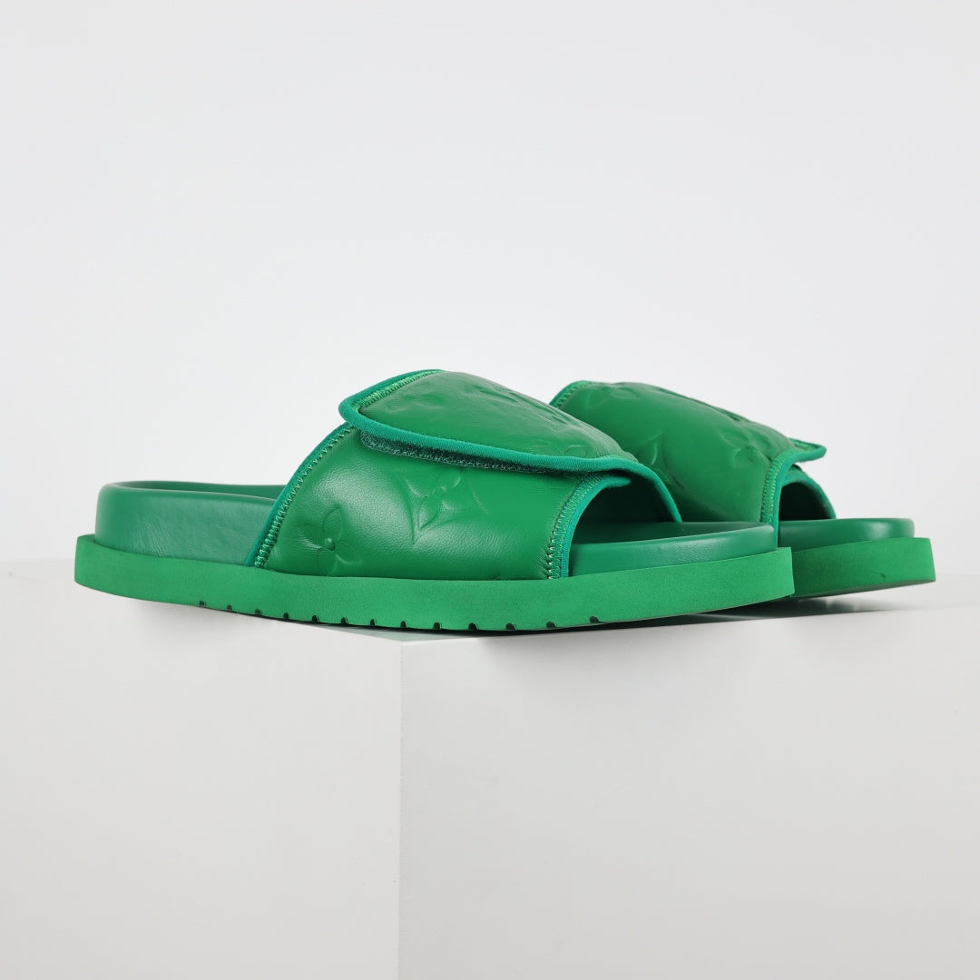L***V Grass Green Inflated Pillow Leather Velcro Adjustable Wide Strap Miami Slide Sandals — Spring Summer Boutique Limited Edition
