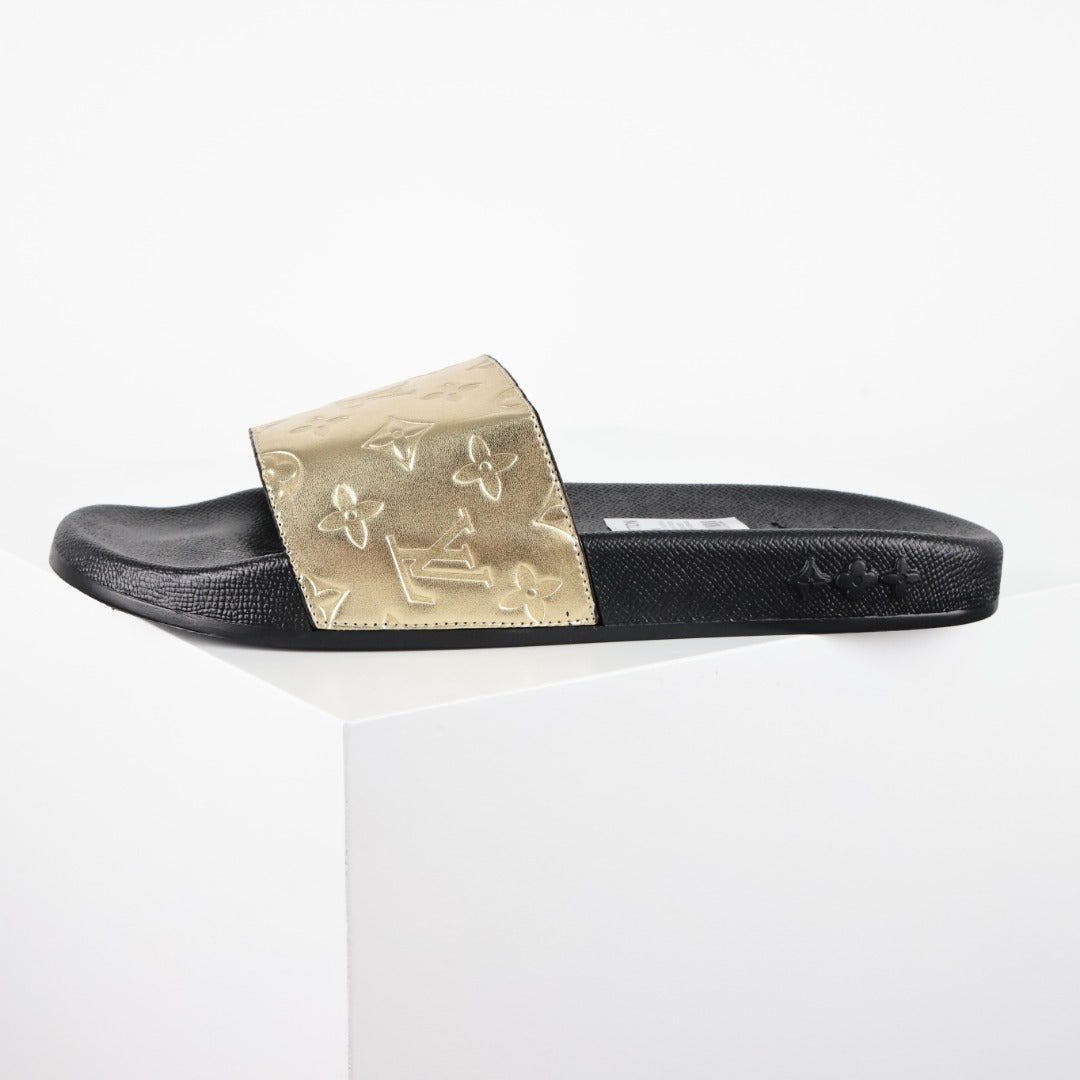 L***V Gold Mirror Metallic Embossed Monogram Waterfront Wide Strap Slide Sandals — Spring Summer Boutique Limited Edition