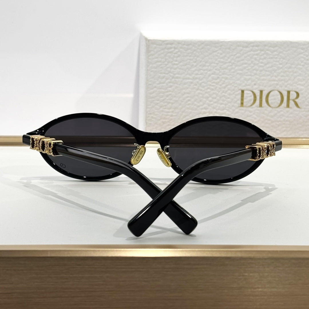 D**R Small Round Oval Sunglasses | Gloss Black Acetate, Crystal-Set DIOR Letter Temple Block, Gold Metal Nose Bridge, Flat Dark Grey Lenses