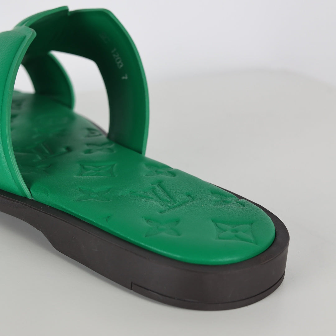 L***V Emerald Green Smooth Leather H-Strap Multi-Band Oasis Flat Slide Sandals — Spring Summer Boutique Limited Edition