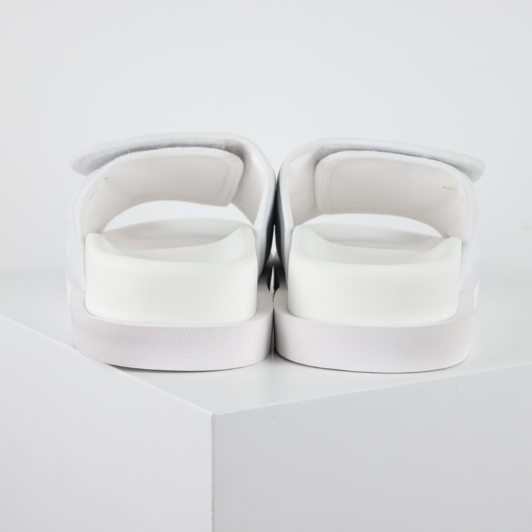 L***V All-White Inflated Pillow Leather Wide Strap Miami Slide Sandals — Spring Summer Boutique Limited Edition