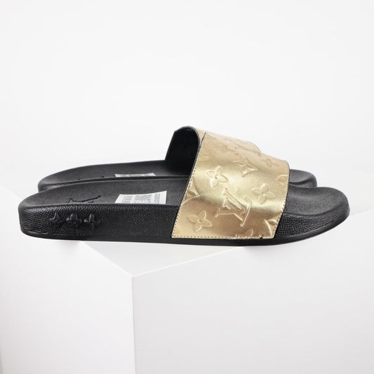 L***V Gold Mirror Metallic Embossed Monogram Waterfront Wide Strap Slide Sandals — Spring Summer Boutique Limited Edition