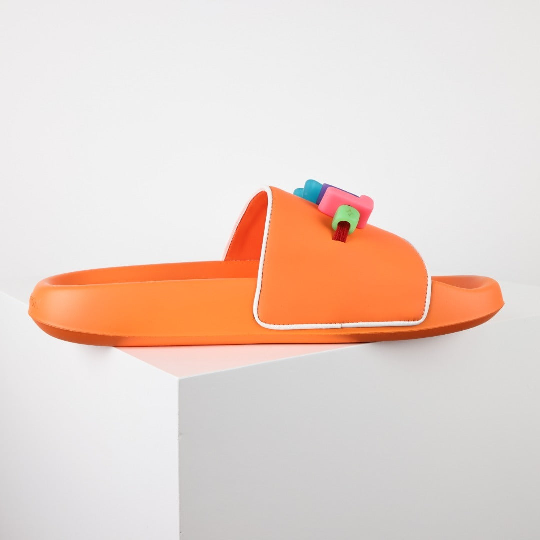 L***V Orange 3D Multicolor Pop Logo Wide Strap Slide Sandals — Spring Summer Boutique Limited Edition