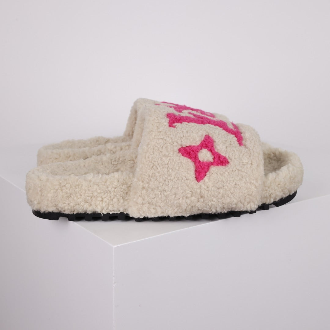 L***V Cream White Hot Pink Monogram Shearling Lambswool Single Strap Slide Sandals — Autumn Winter Boutique Limited Edition