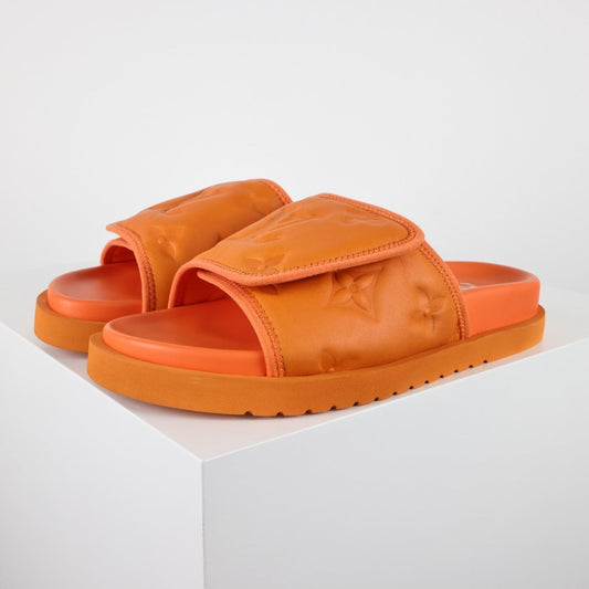 L***V Tangerine Orange Inflated Pillow Leather Velcro Adjustable Wide Strap Miami Slide Sandals — Spring Summer Boutique Limited Edition